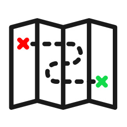 An illustration of a map showing the path from a red x to a green x