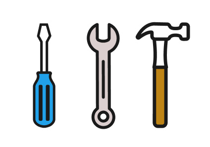 An illustration of a screwdriver, wrench, and hammer