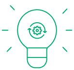 Lightbulb with a gear inside and arrows around the gear to show movement