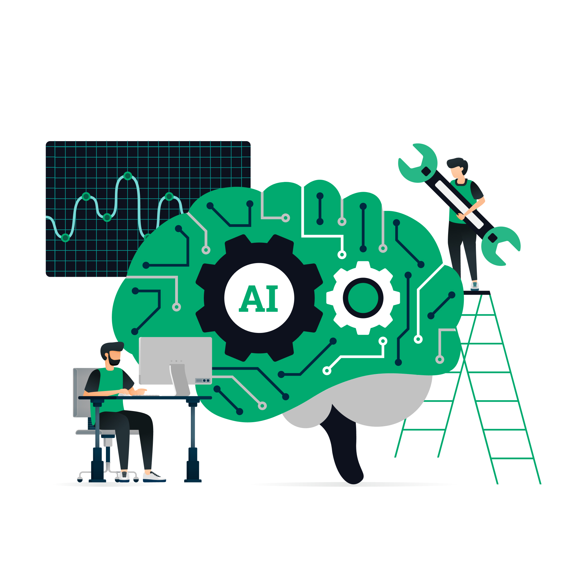 Humans work with tools on a brain with AI written on it