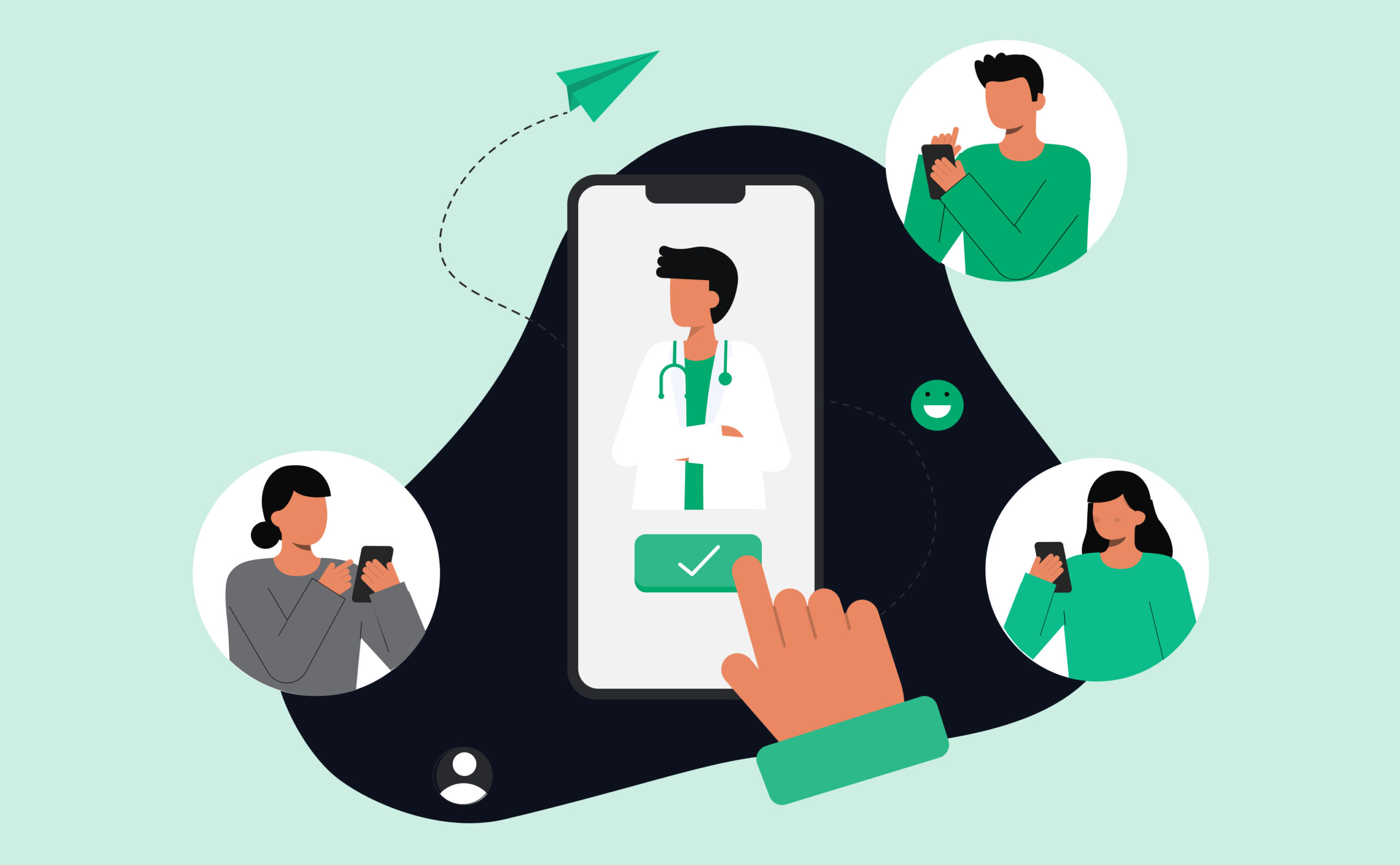 Illustration of clinician on a phone and people surrounding them