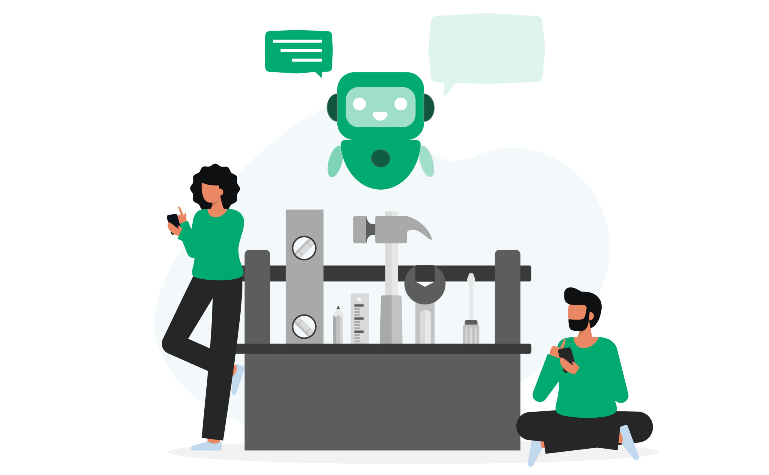 Two people on devices around a toolbox over which a robot is talking