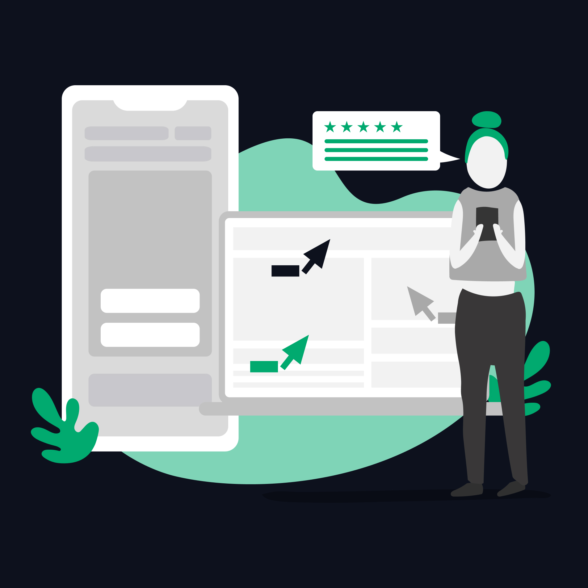 Illustration of a person on a phone interacting with the screen with multiple screens behind them