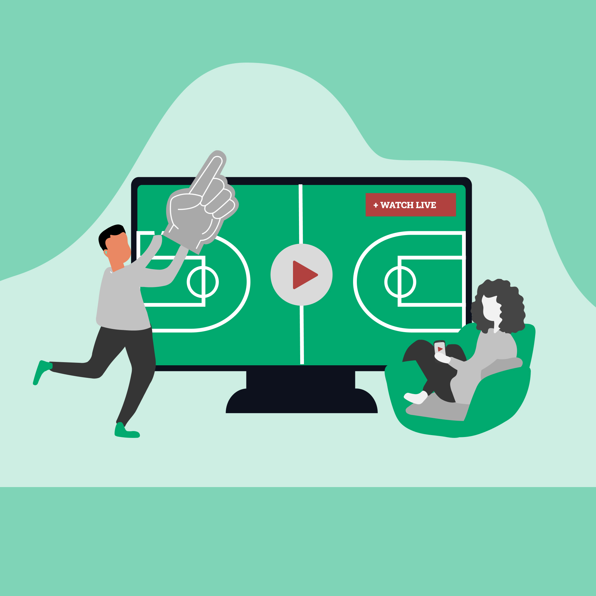 Illustration of two people in front of a TV with an empty basketball court, man is wearing a giant foam finger