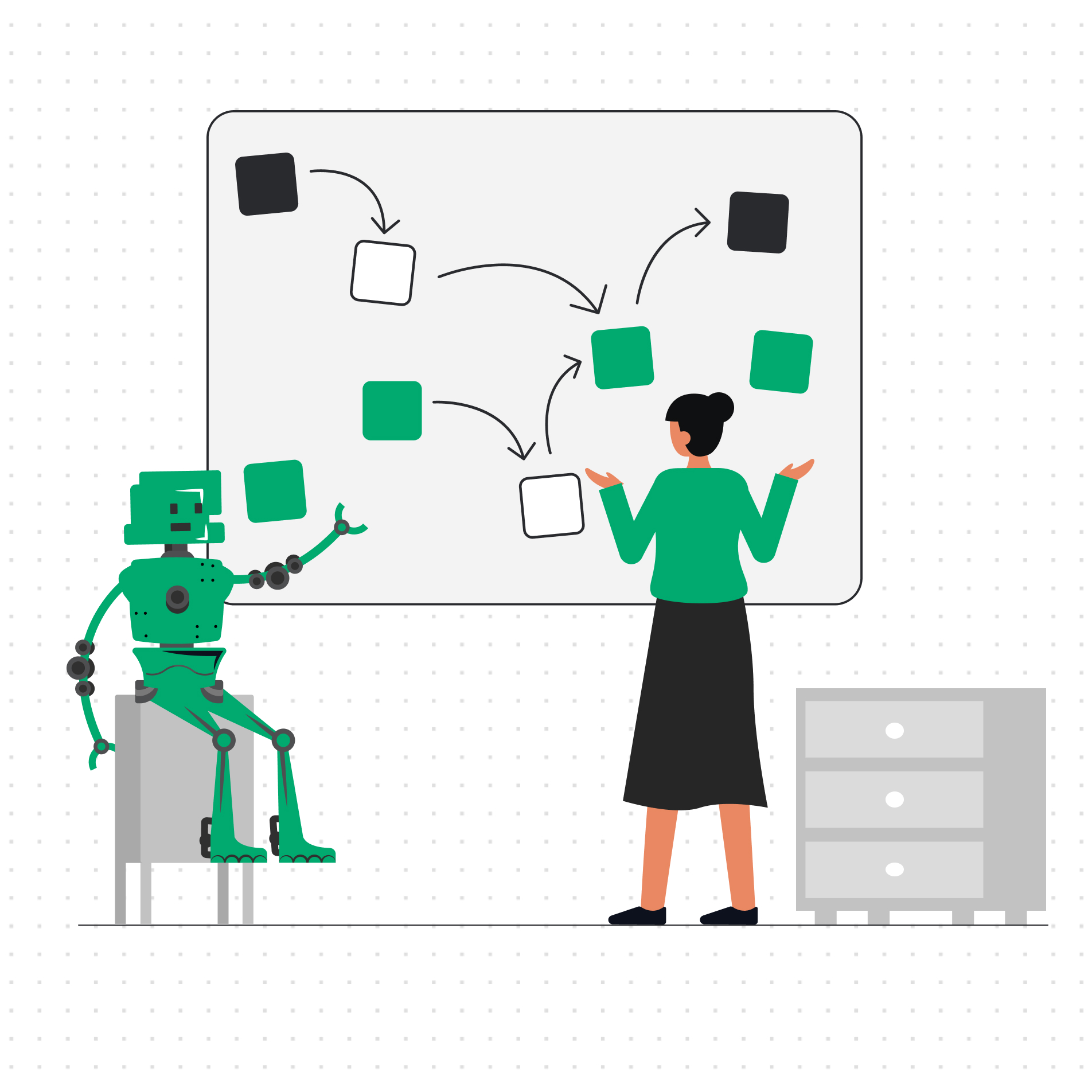 Illustration of a robot and human in skirt looking at a whiteboard with post-its