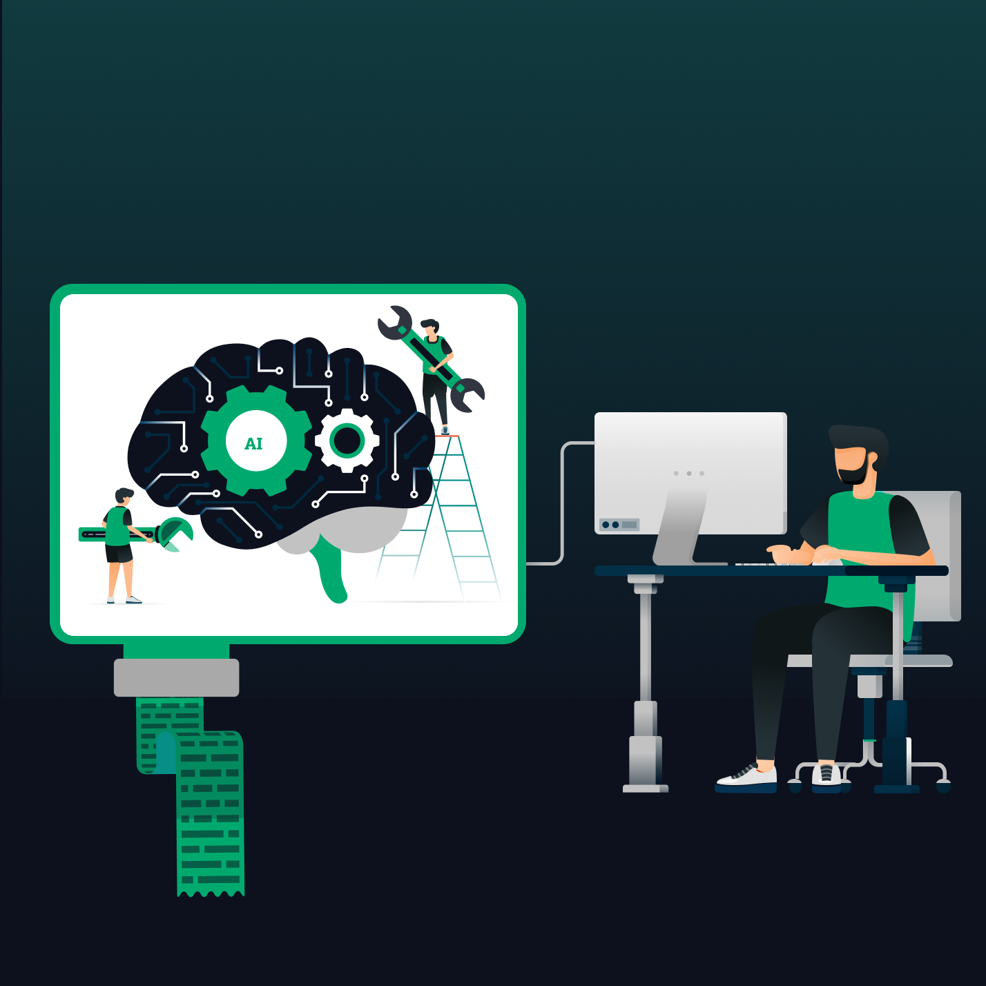 An illustration of a man at a desk working on a computer with an image of a brain being working on inside another monitor