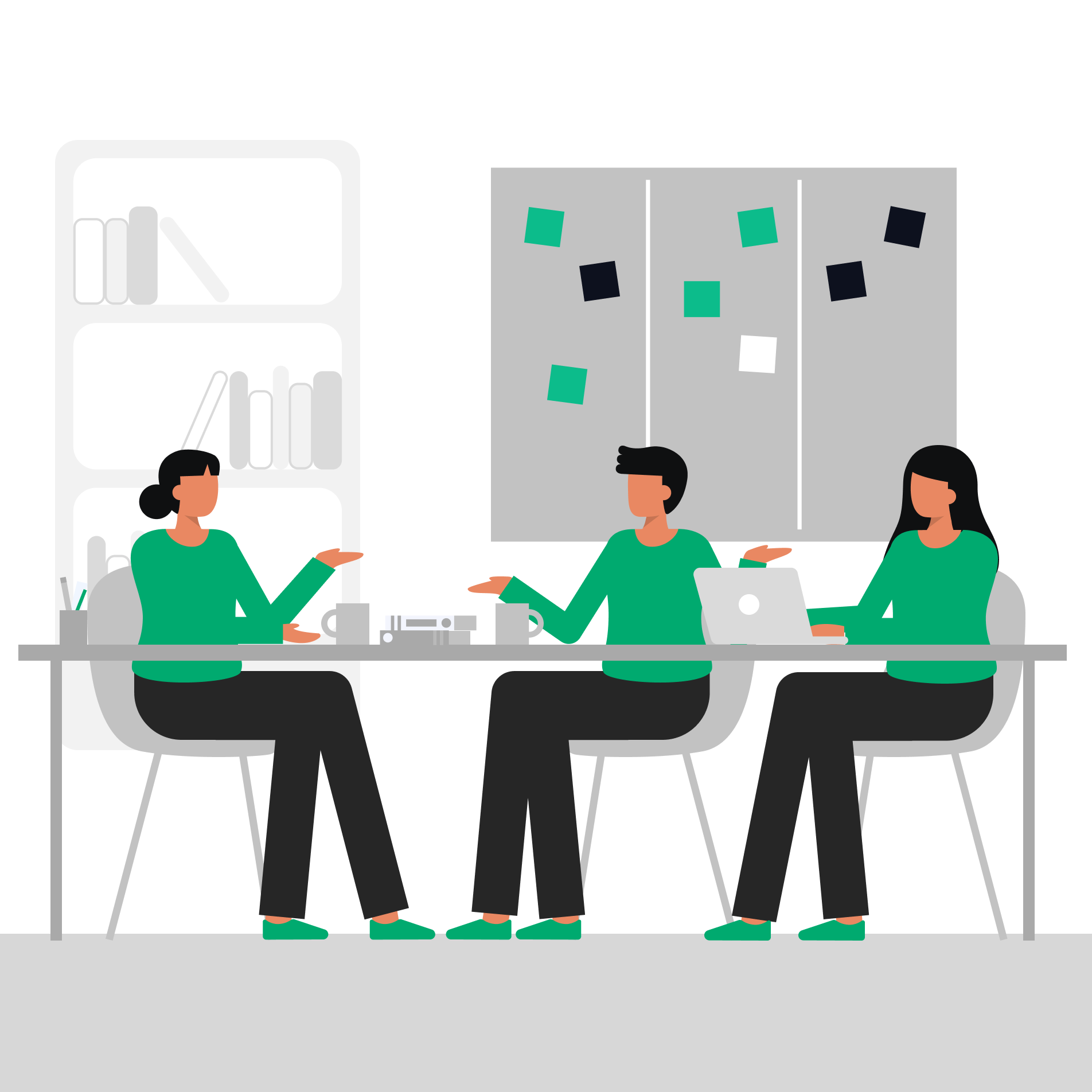 An illustration of 3 people at a table, 2 in a conversation and the 3rd taking notes