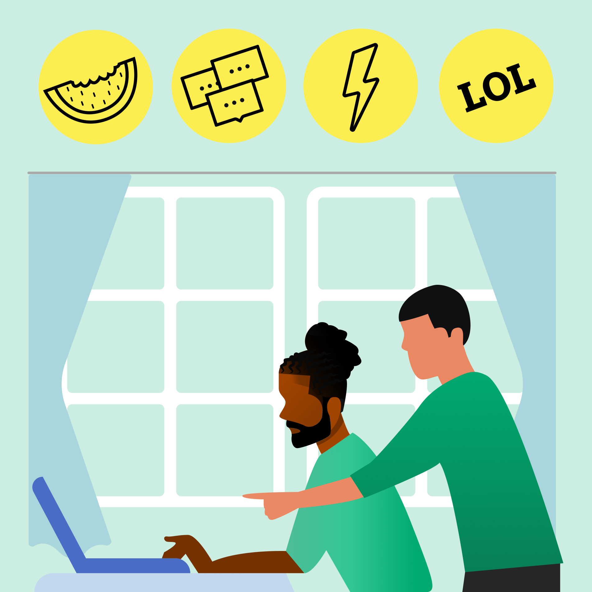 An illustration of a man at a computer with another man over his shoulder pointing at the computer. Several icons in Buzzfeed-style at the top.