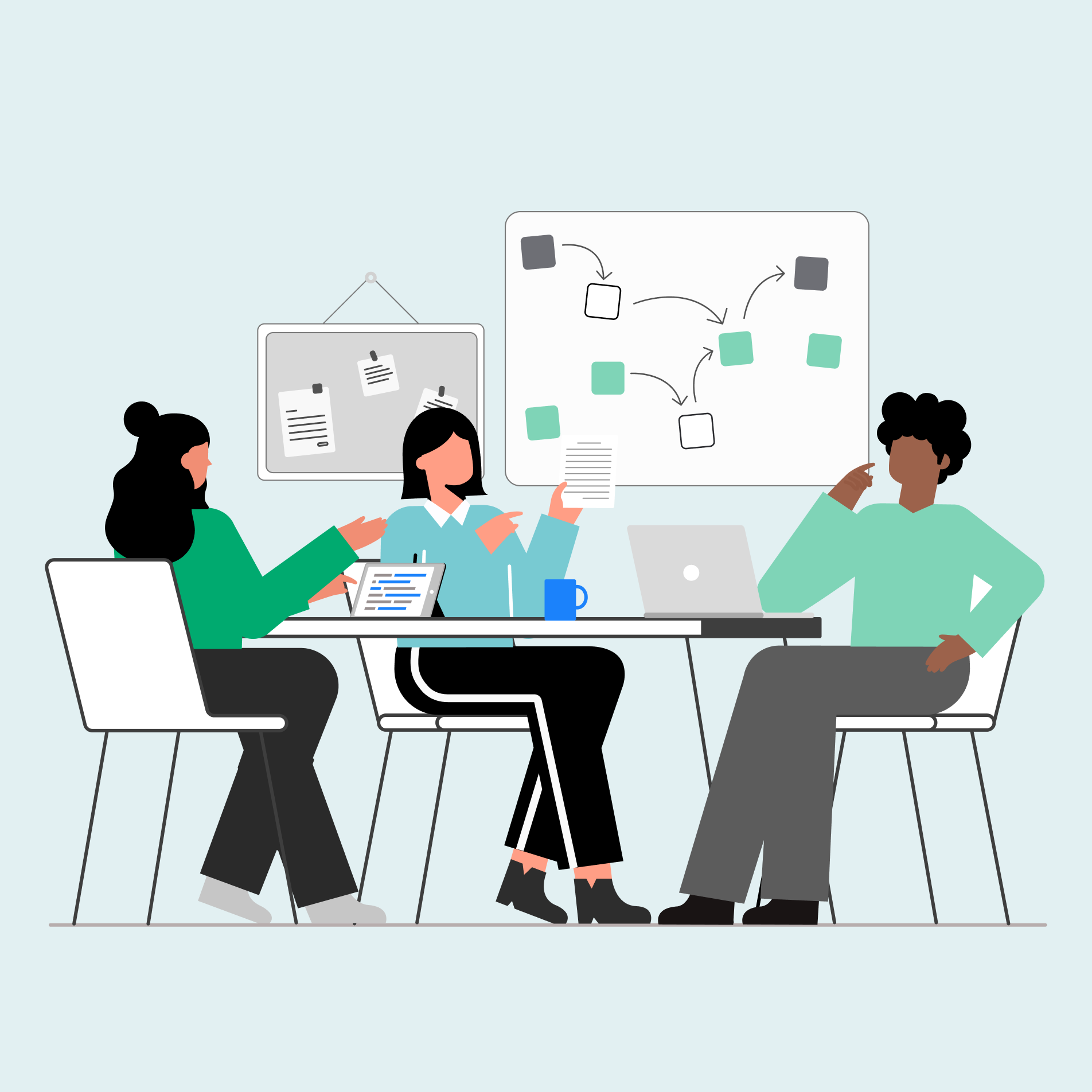 Three diverse professionals discussing UX strategies at a meeting table, with a whiteboard displaying a workflow diagram