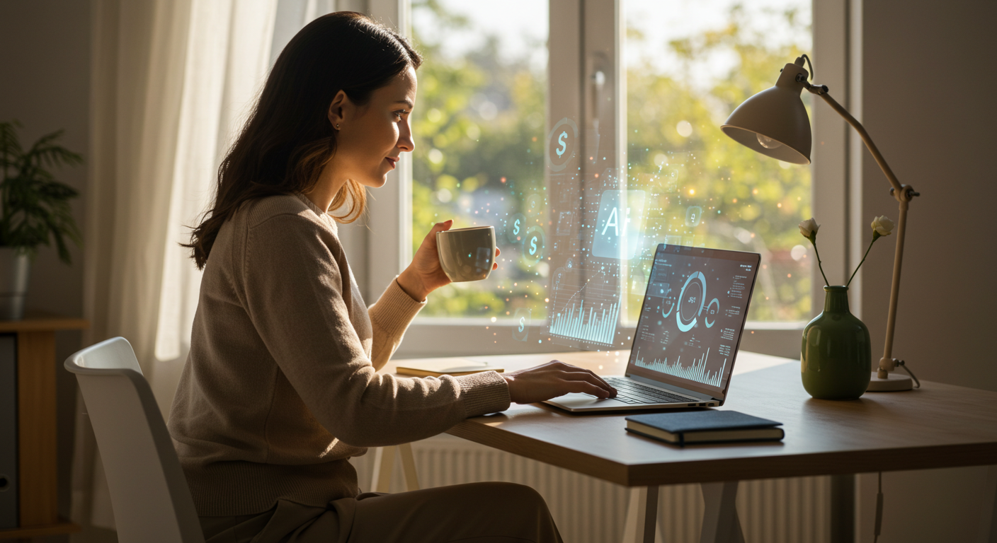 A woman sits at a home office desk, sipping coffee and using a laptop. Holographic financial data floats above the screen, showing AI-driven insights.