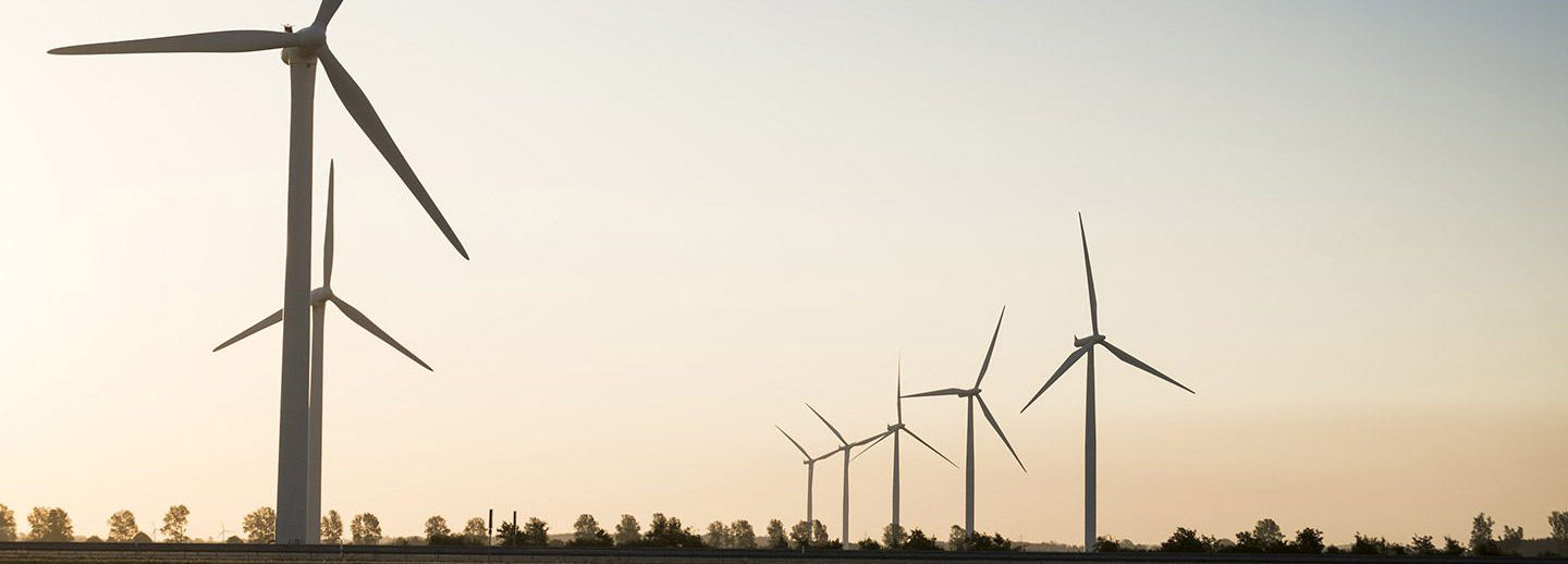 A line of windmills receding into the horizon.