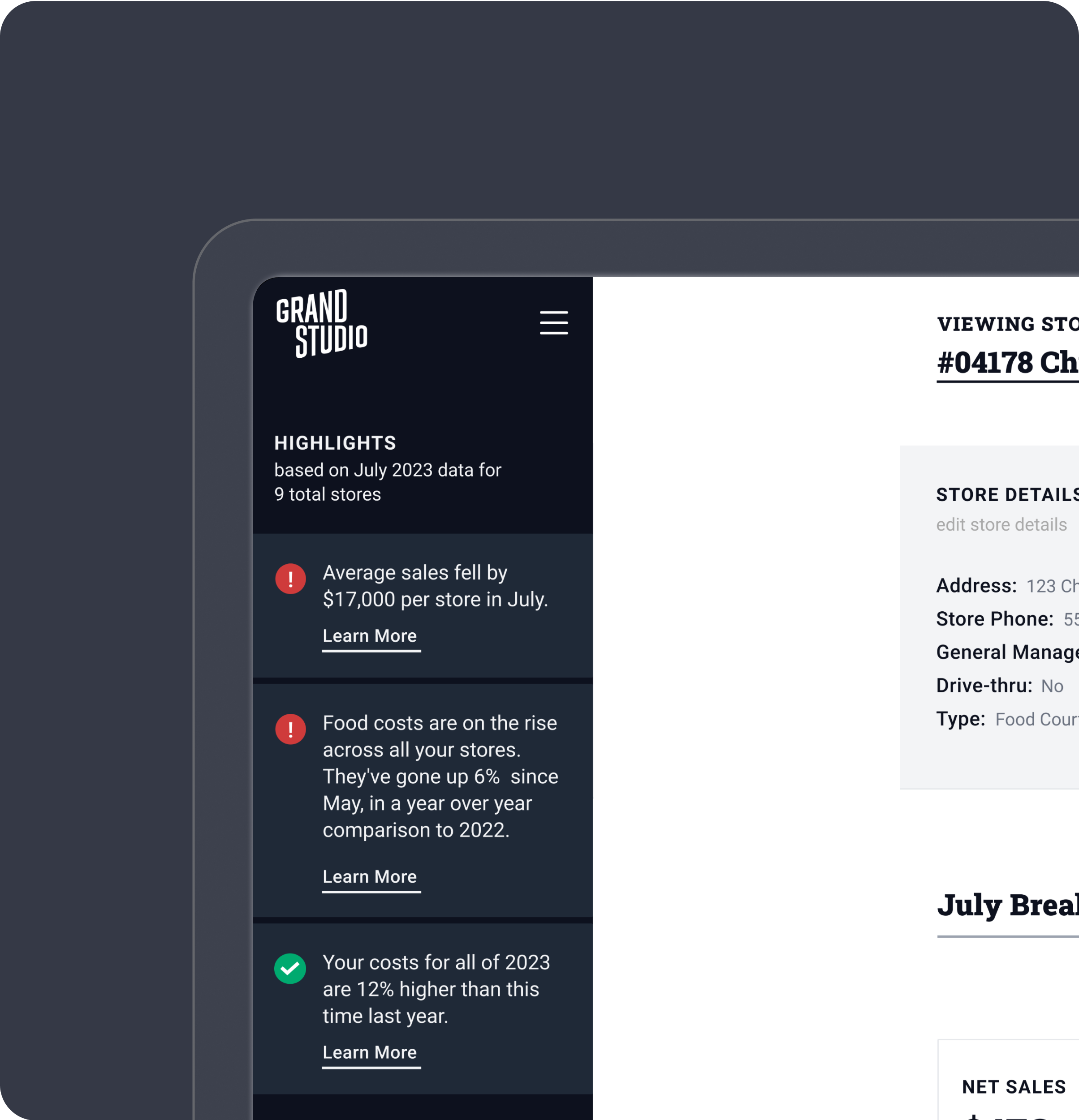 Franchise AI dashboard sidebar with financial highlights.