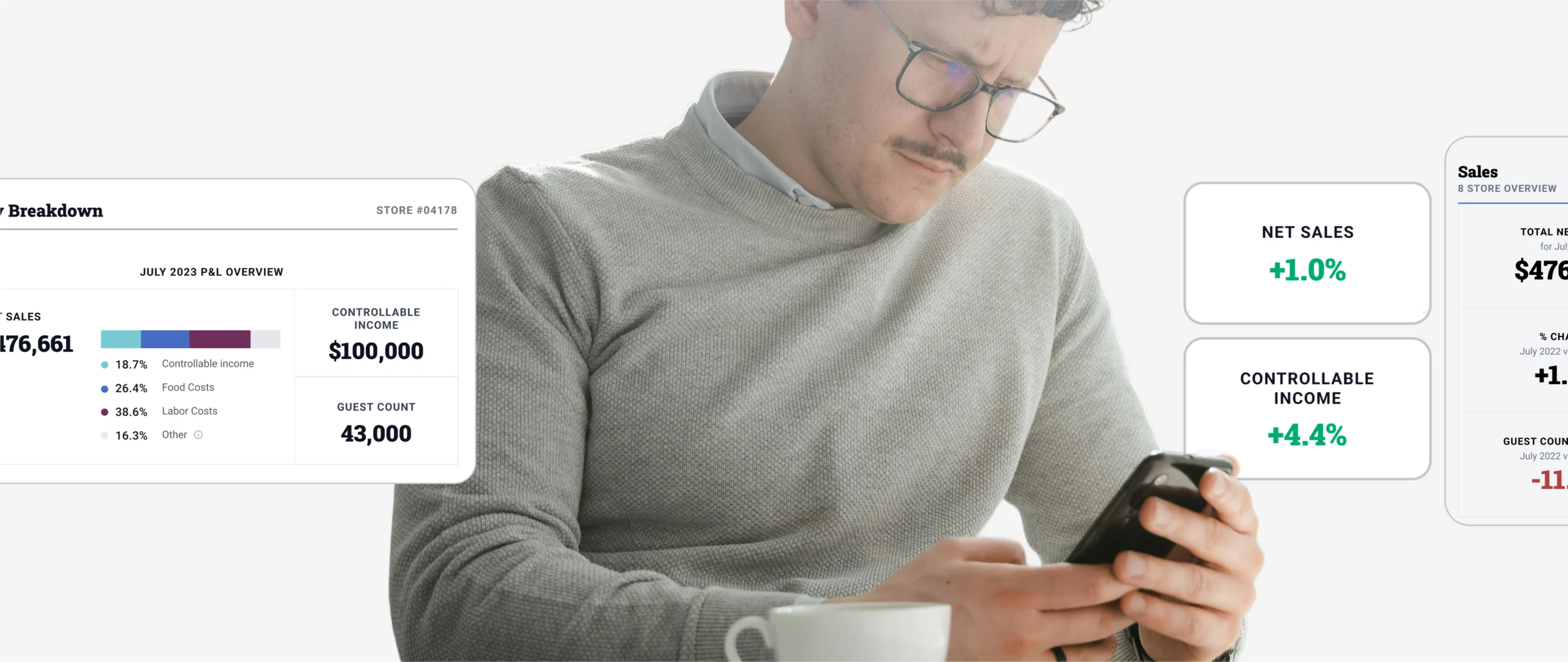 Franchise operator checking AI insights on mobile phone.