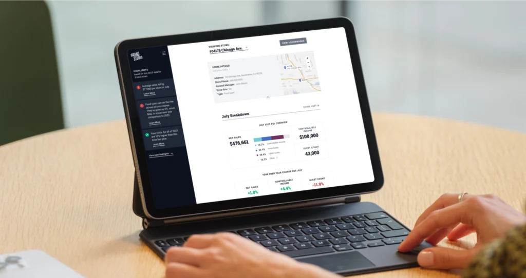 A franchise performance dashboard on a tablet