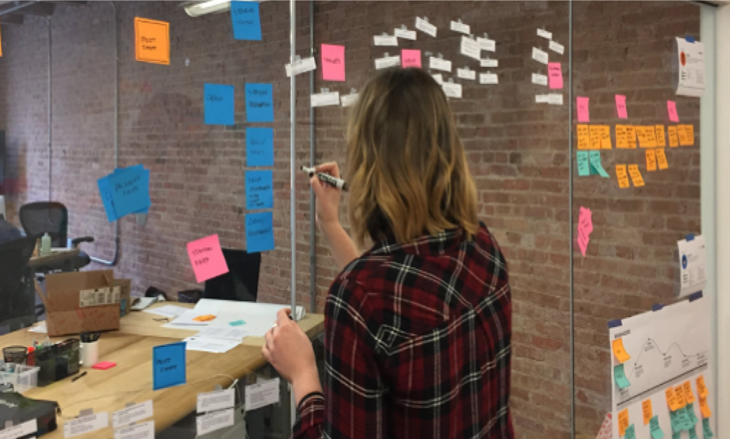 Designer working on wall with sticky notes and franchise workflows.