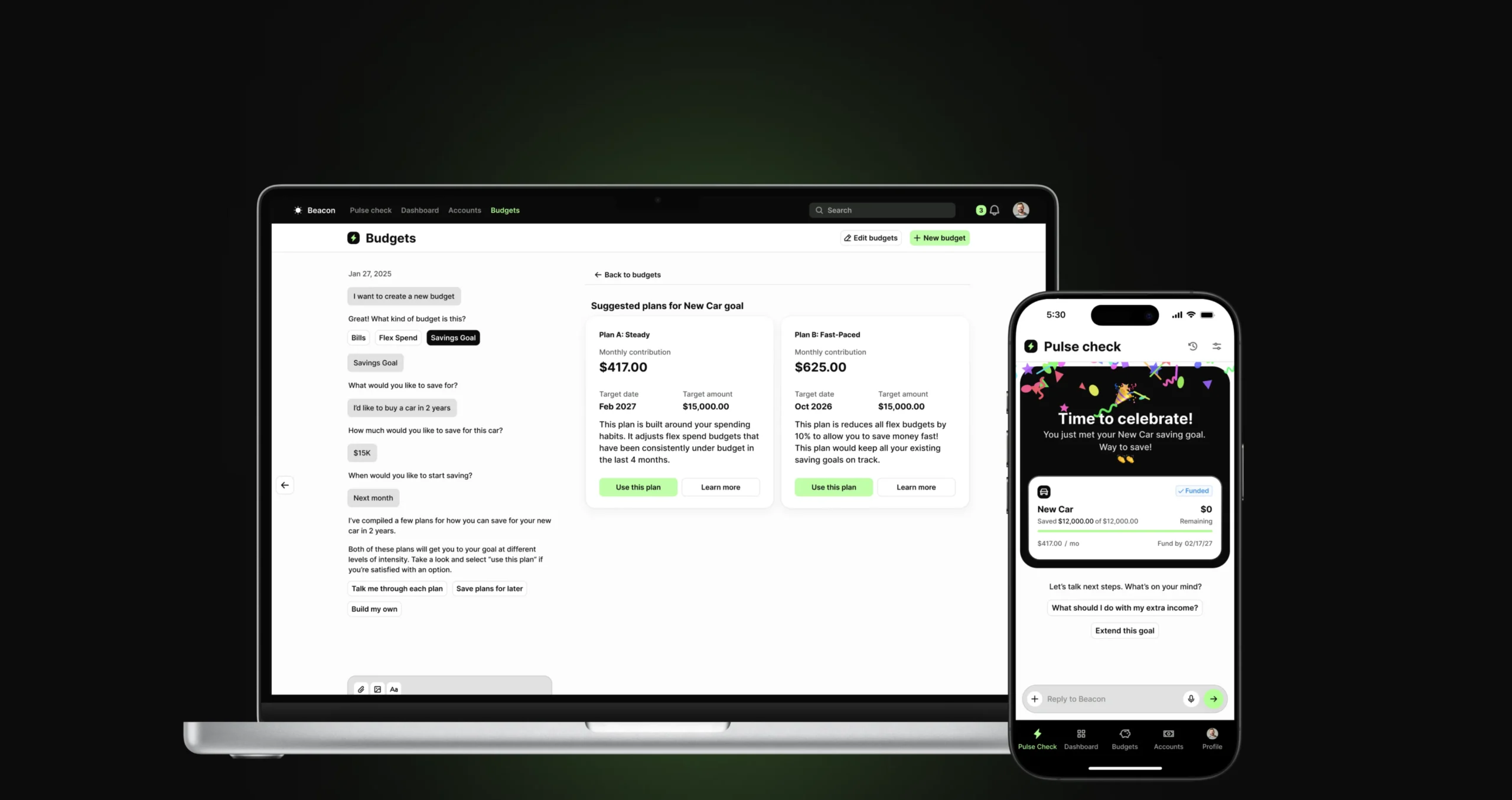 Beacon AI budgeting interface on laptop and mobile showing savings goal creation and celebration screen.