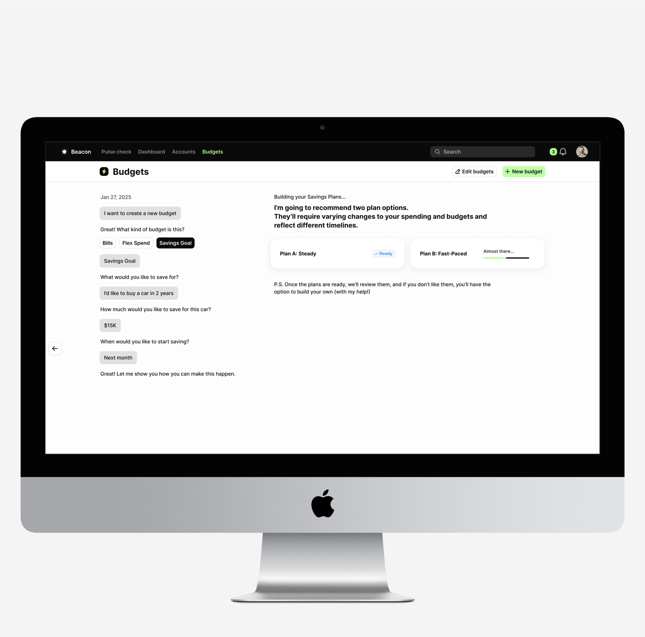 Beacon AI budget planning interface displayed on desktop, showing adaptive savings plan recommendations.