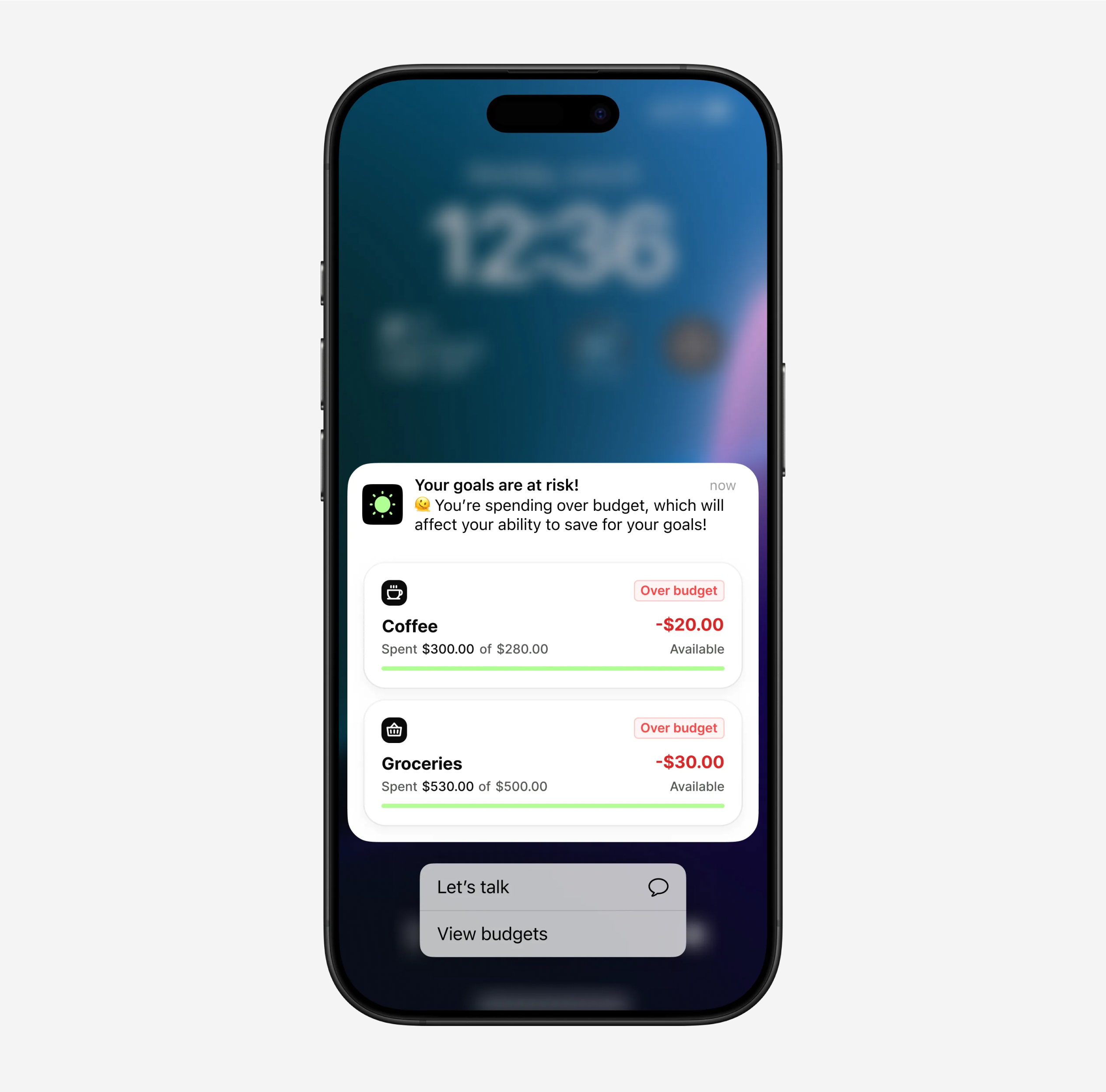 Beacon AI mobile notification alerting users to overspending that may impact their savings goals.