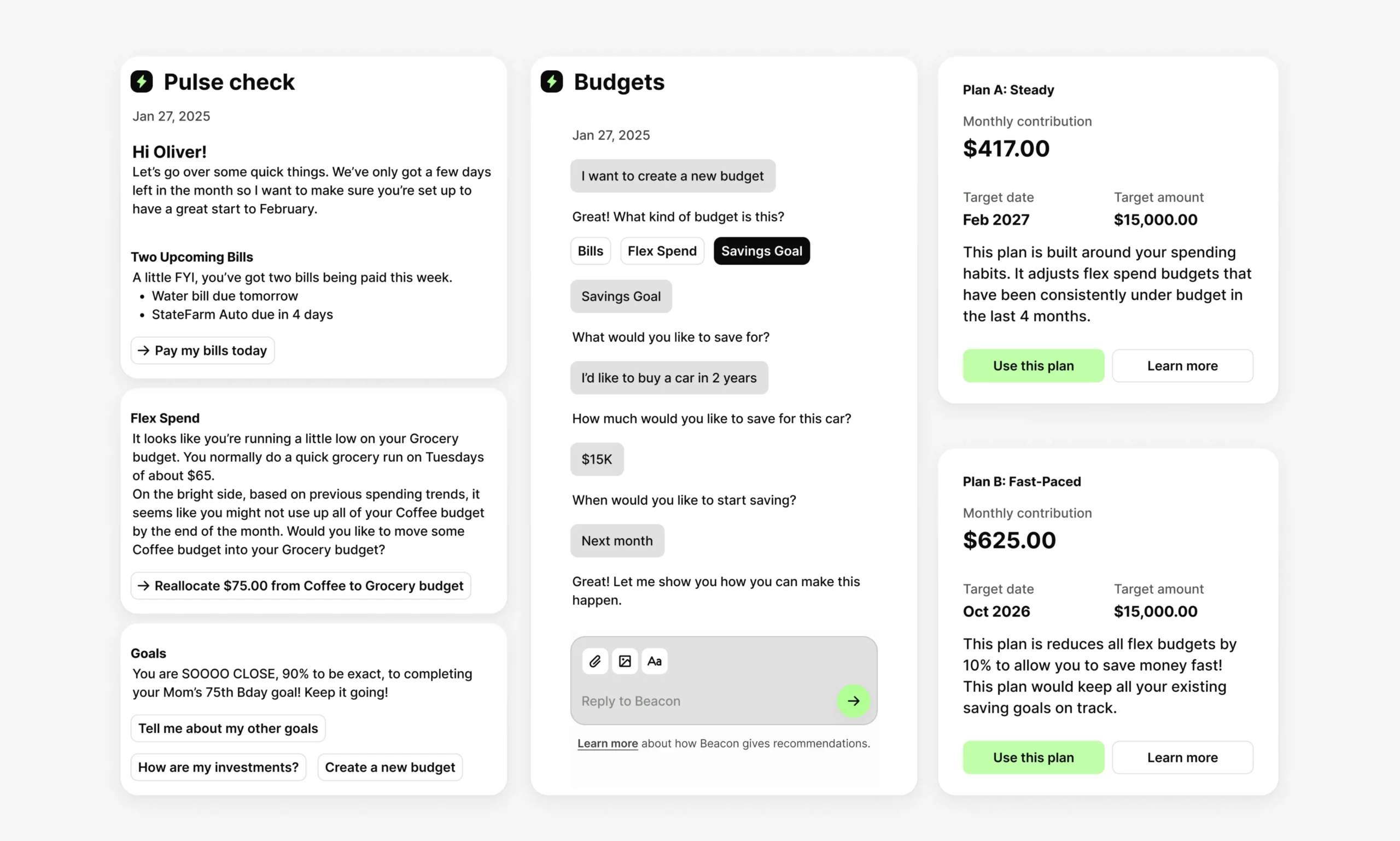 AI-powered personal finance widgets from Beacon showing budgeting insights, savings goals, and adaptive recommendations.