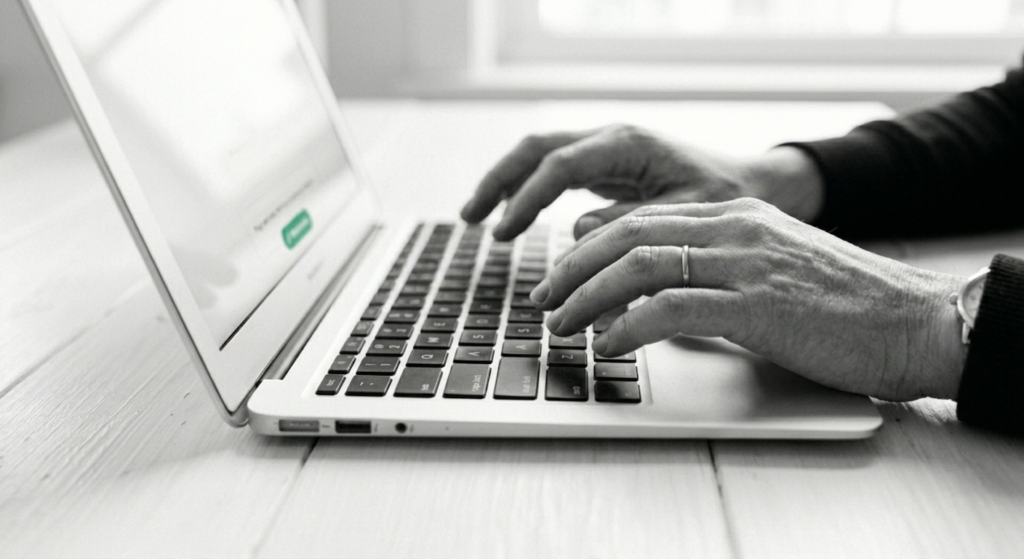 Close-up of a person's hands paused over a laptop keyboard, hesitating before acting on what's on the screen