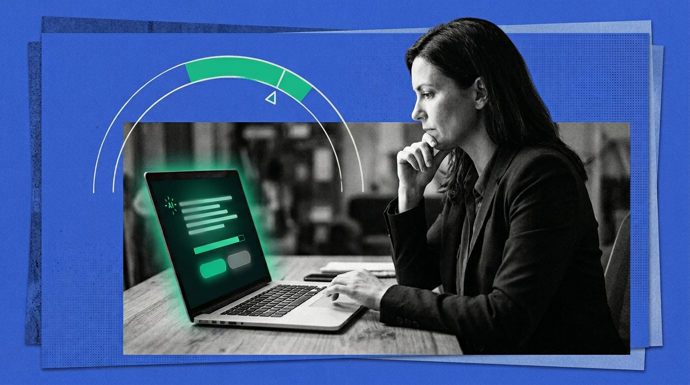 Person pausing to consider an AI-generated response on a laptop, with a calibration gauge showing a balanced trust zone