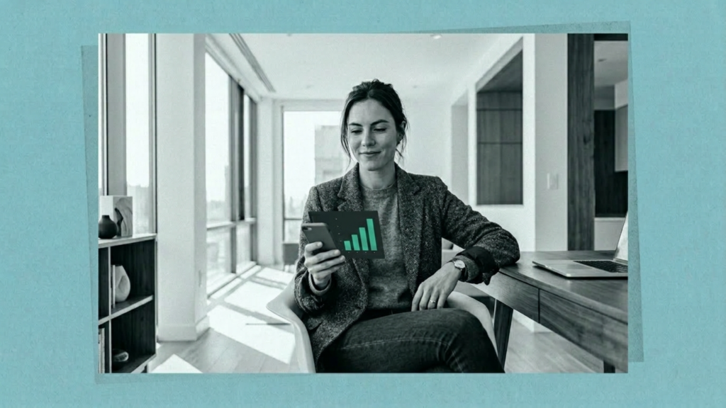 A young woman in a modern apartment reviews a financial app on her phone, a jade bar chart on screen the only color in the frame.