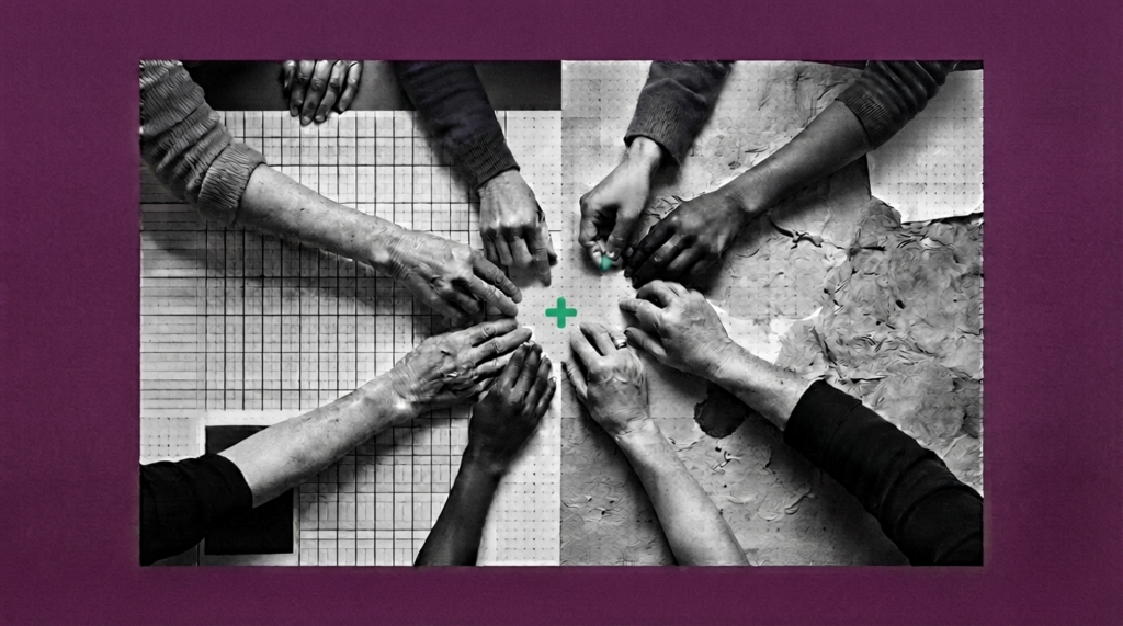 Overhead black-and-white photo of eight hands reaching toward a small jade cross at the center of a torn-paper collage surface, symbolizing a shared human decision.