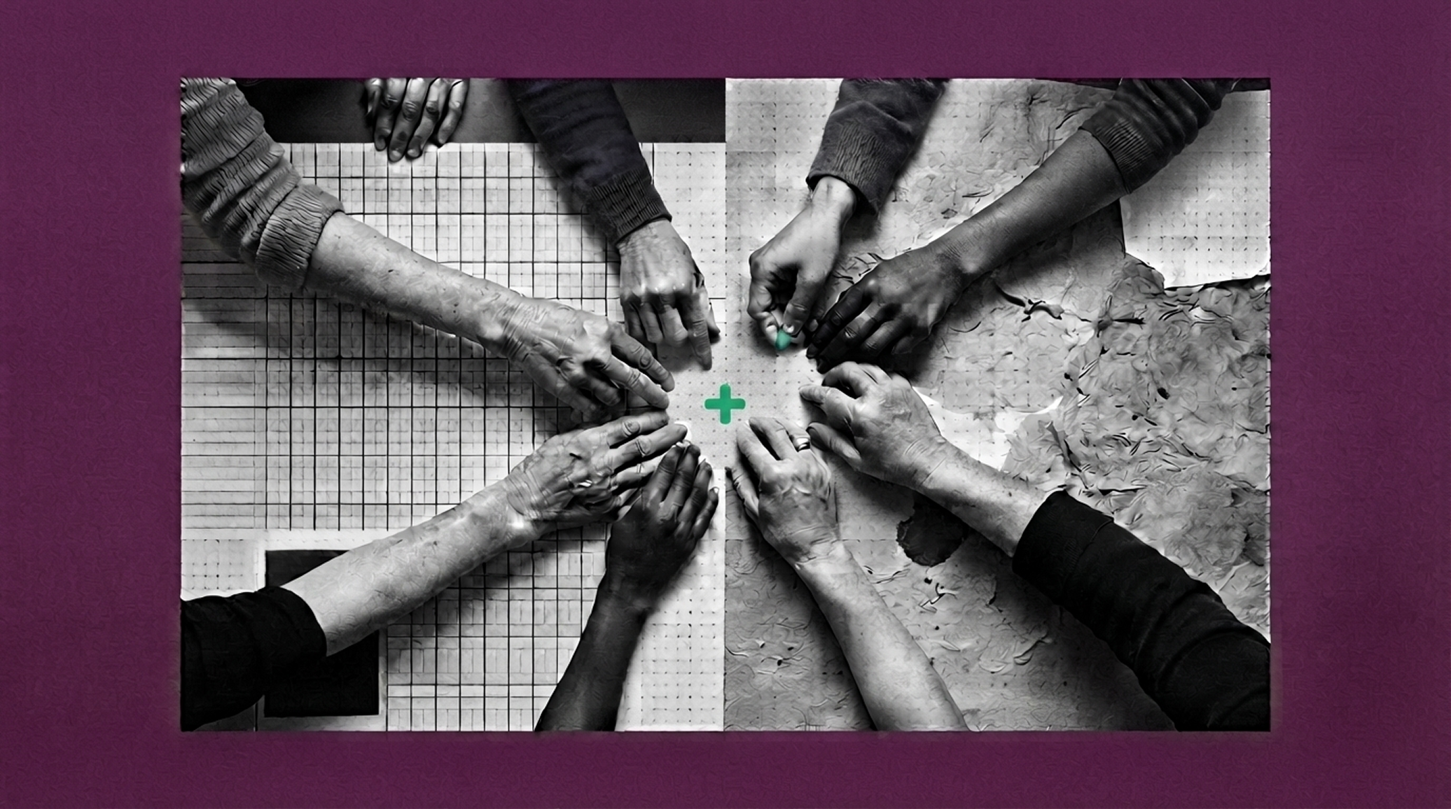 Overhead black-and-white photo of eight hands reaching toward a small jade cross at the center of a torn-paper collage surface, symbolizing a shared human decision.