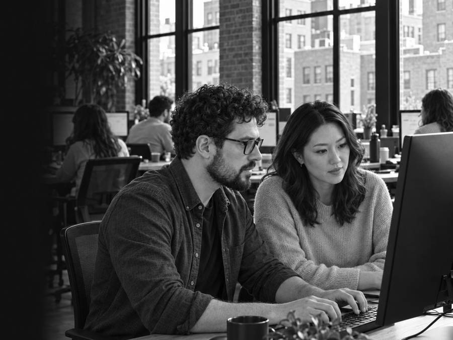 Two colleagues working through a task together at a screen