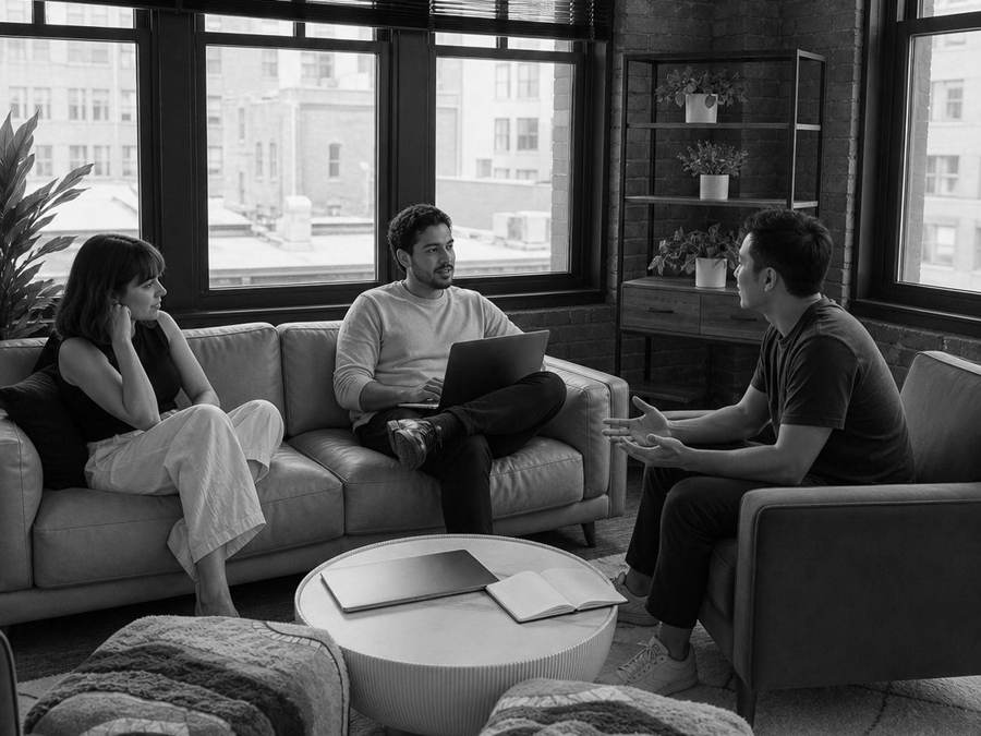 A small group talking together in a lounge