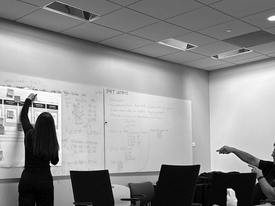 A team mapping a work process on a whiteboard