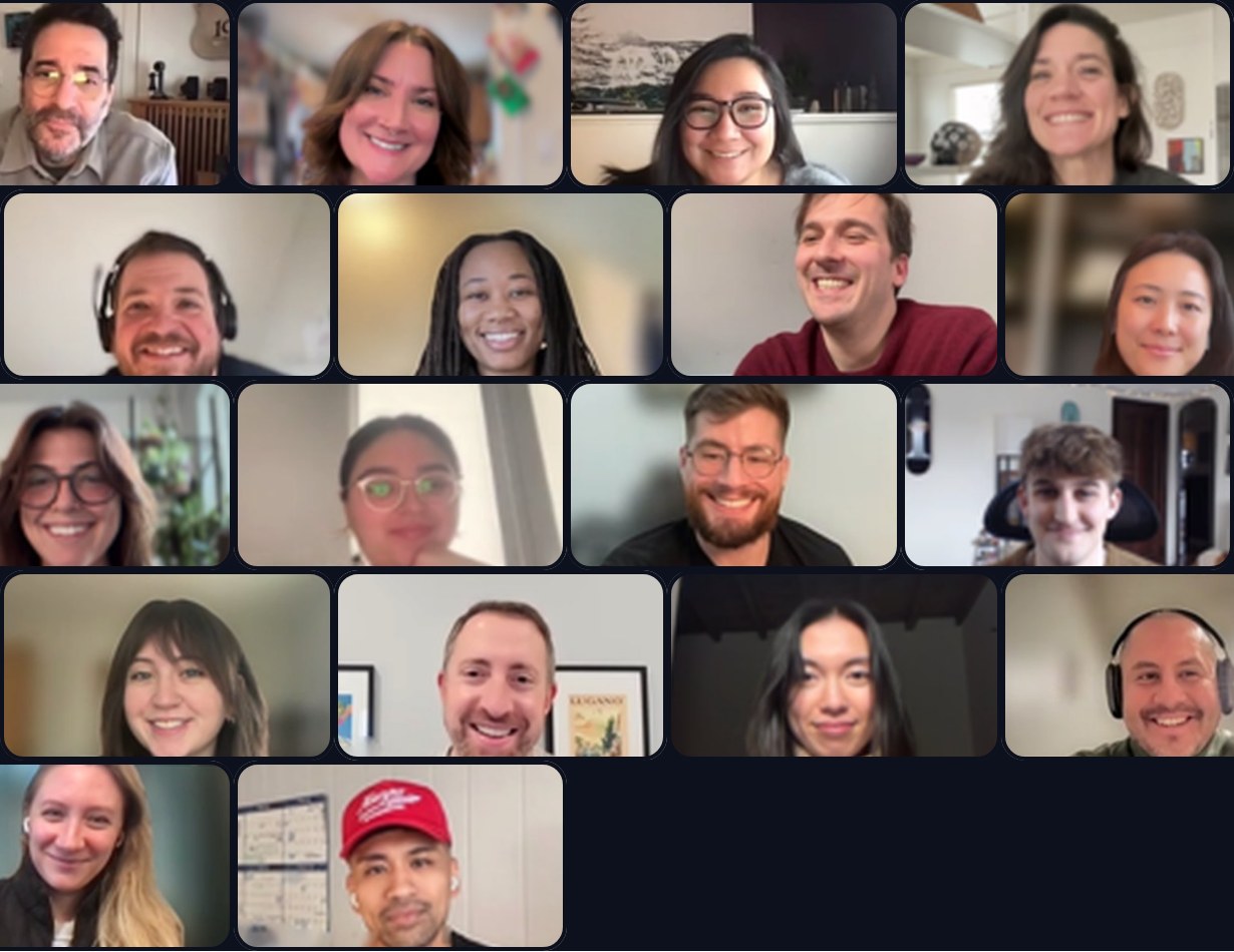 Members of the Grand Studio team on a video call, smiling