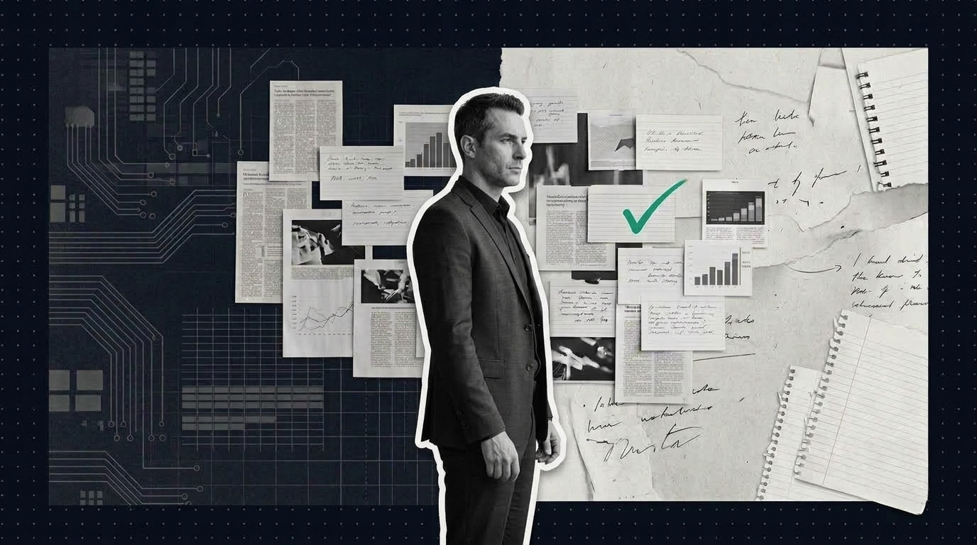 Man in a dark suit standing before a wall of research papers, charts, and notes, with a green checkmark on the one item that is ready