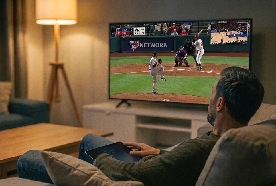 A sports fan on a couch watching a game on TV while following other games on a tablet